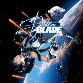 Eve wielding her blade in Stellar Blade against a biomechanical enemy on PS5