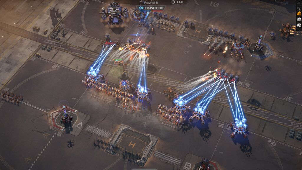 Massed unit formations clashing in Mechabellum late game