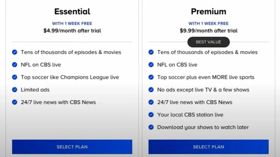 Paramount Plus Essential and Premium subscription tier comparison screen