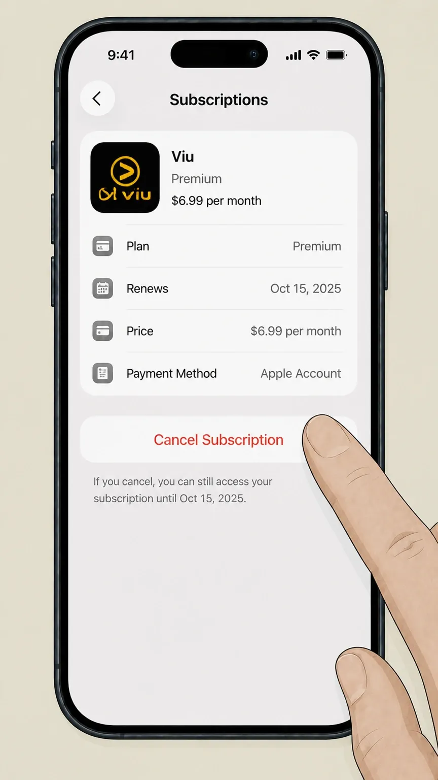 Apple Account settings screen showing the Subscriptions menu and Viu cancellation option