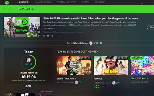ซอฟต์แวร์ Razer Cortex PC แสดงแดชบอร์ด Play to Earn และปุ่มกดรับรางวัล