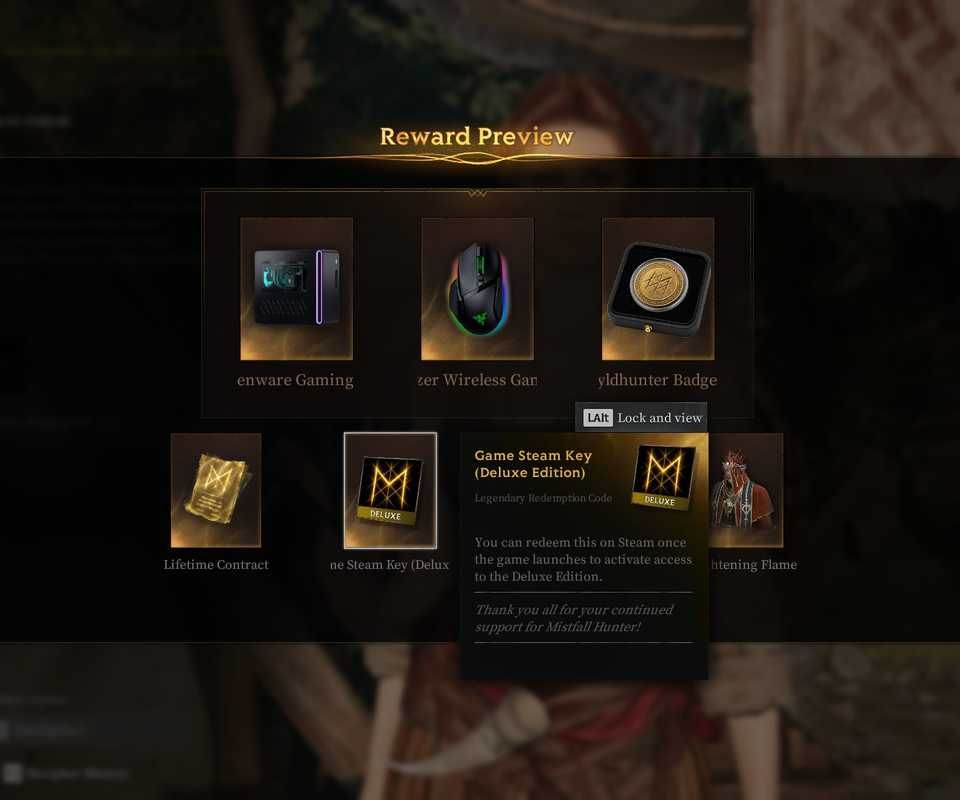 Tela do evento Gylden Rush em Mistfall Hunter exibindo recompensas de Golden Ciphers e cosméticos