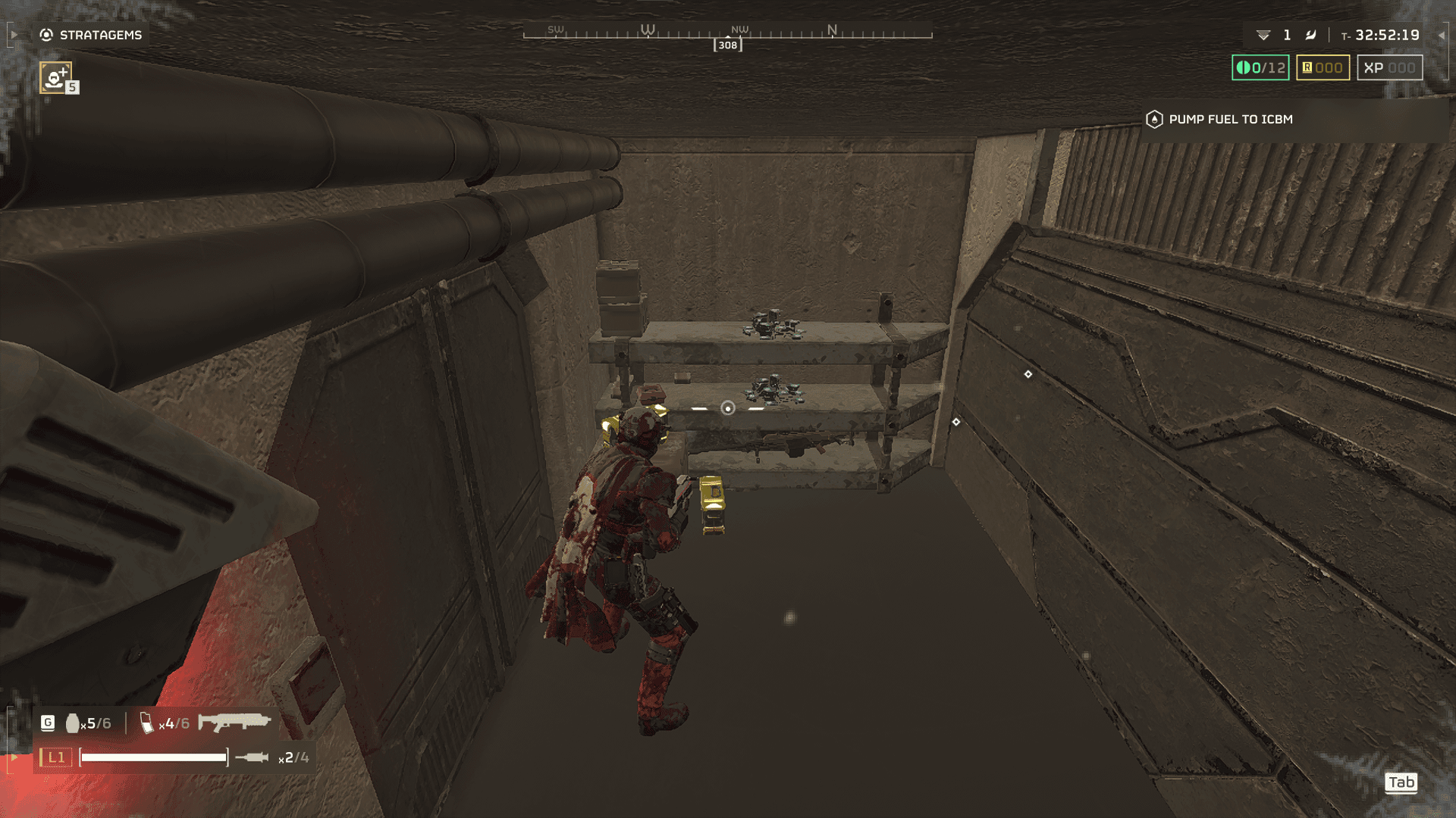 Helldivers 2 player positioning an EXO-45 Mech next to a two-person bunker door to loot Super Credits solo