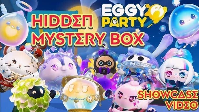 Obrazovka gacha mystery boxu v Eggy Party se sezónním losováním outfitů