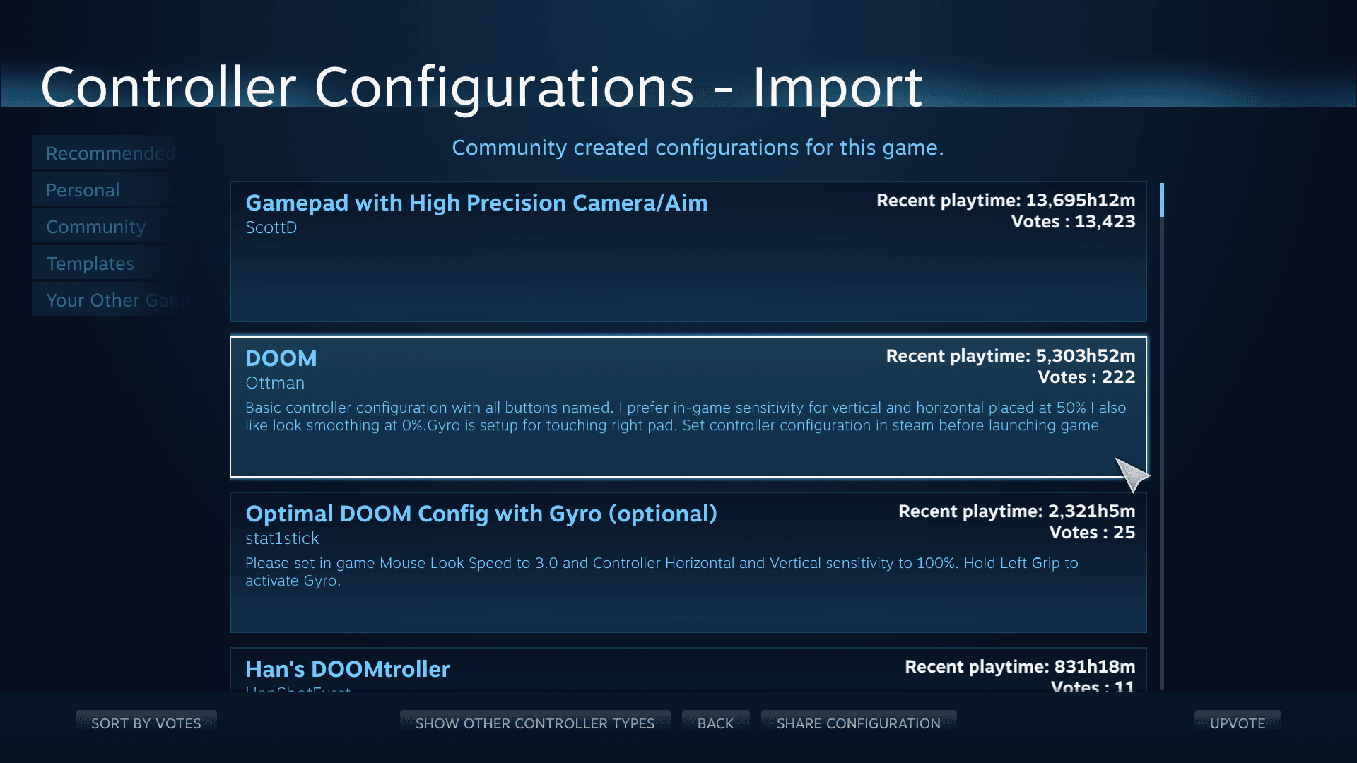Fenêtre Parcourir les configurations de Steam Input affichant les préréglages de manette de la communauté