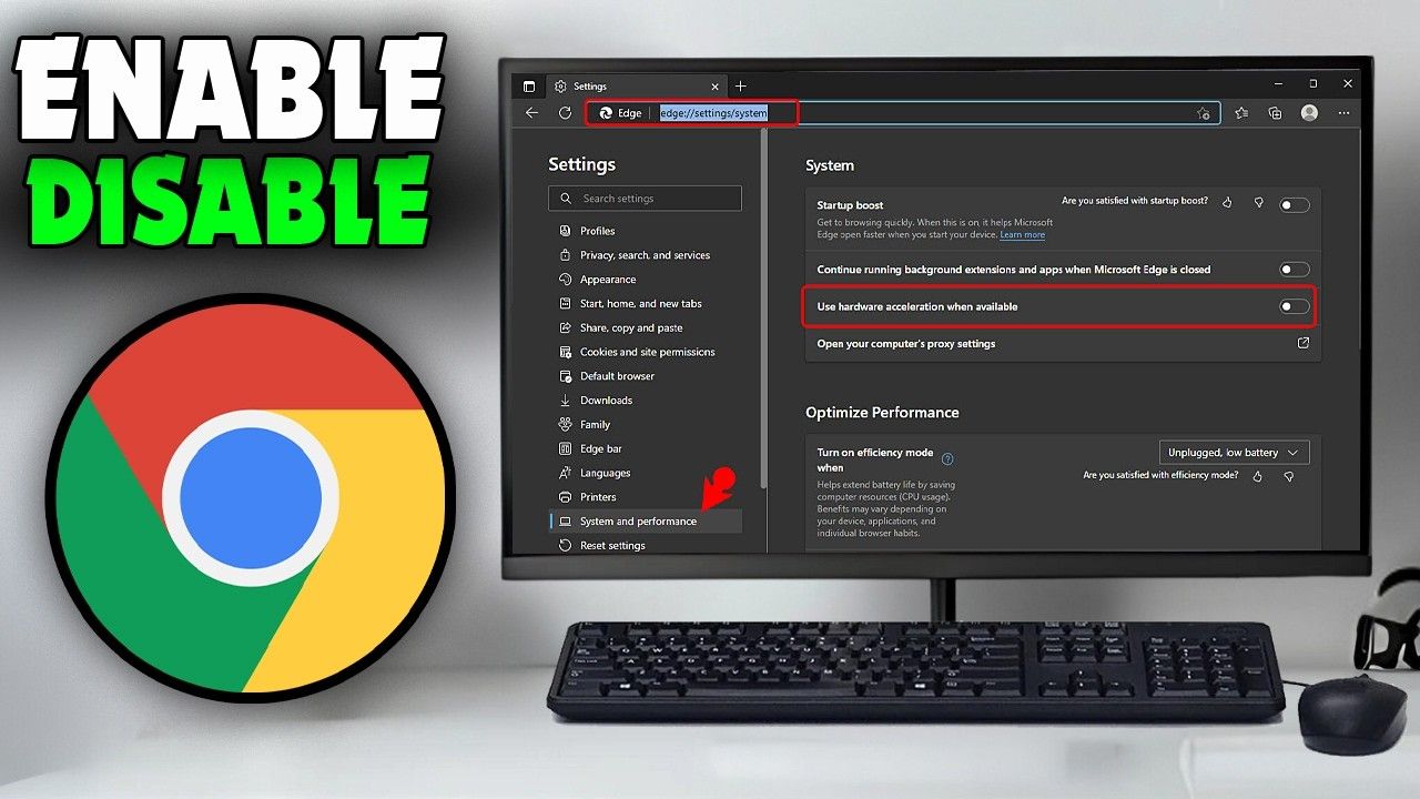 Menu des paramètres Système de Chrome montrant le bouton d'accélération matérielle