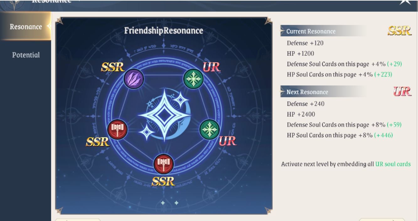 Soul Land New World Soul Cards menu displaying UR and SSR rarity resonance tiers