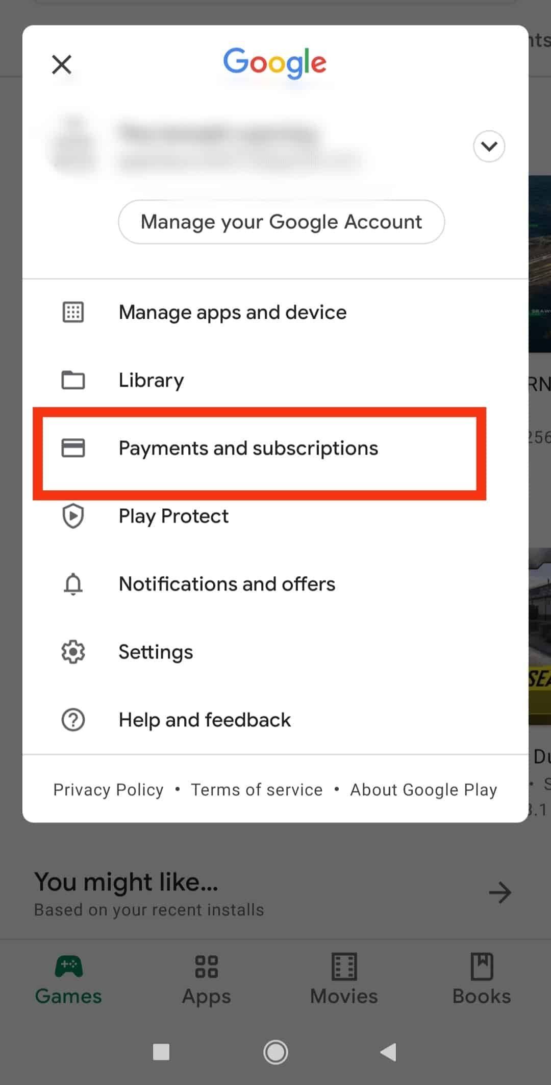 Google Play Store account switcher highlighting active payment methods