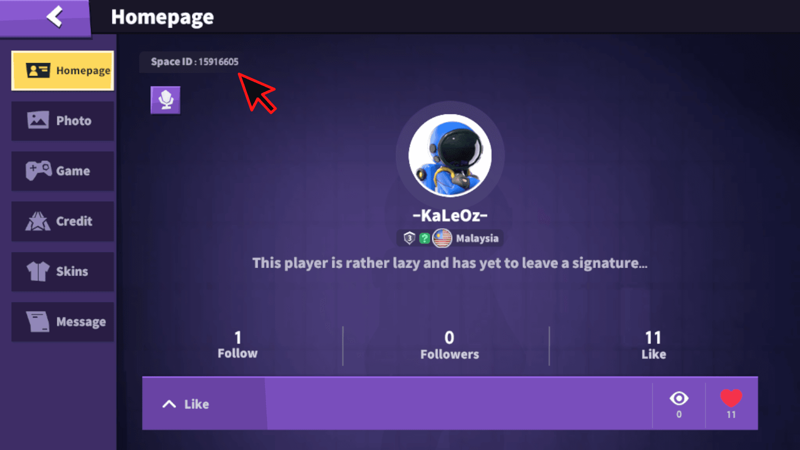 Super Sus player profile card showing numeric Space ID location