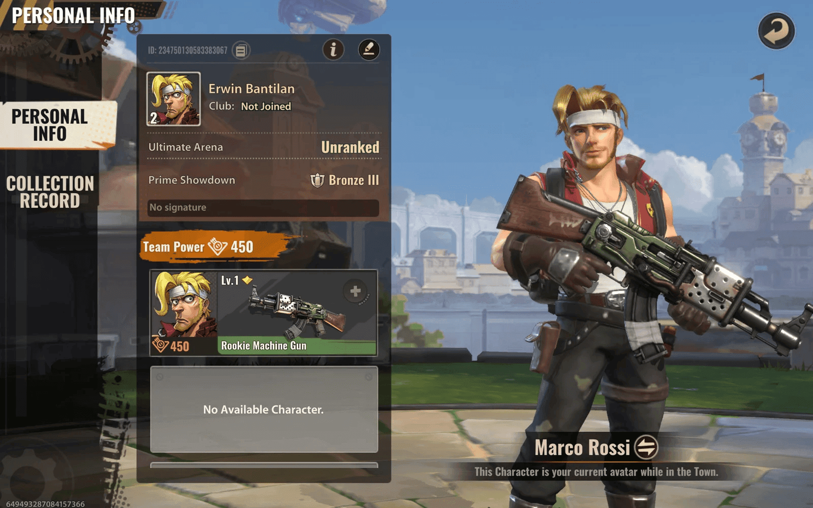 Ecranul de profil de utilizator din Metal Slug Awakening care arată Player ID și serverul