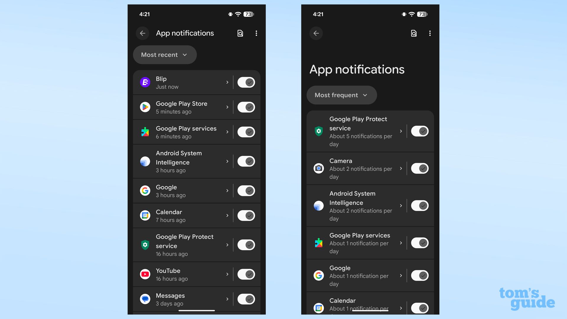 เมนูการตั้งค่าระบบ Android แสดงปุ่มเปิดปิดการแจ้งเตือนของแอป