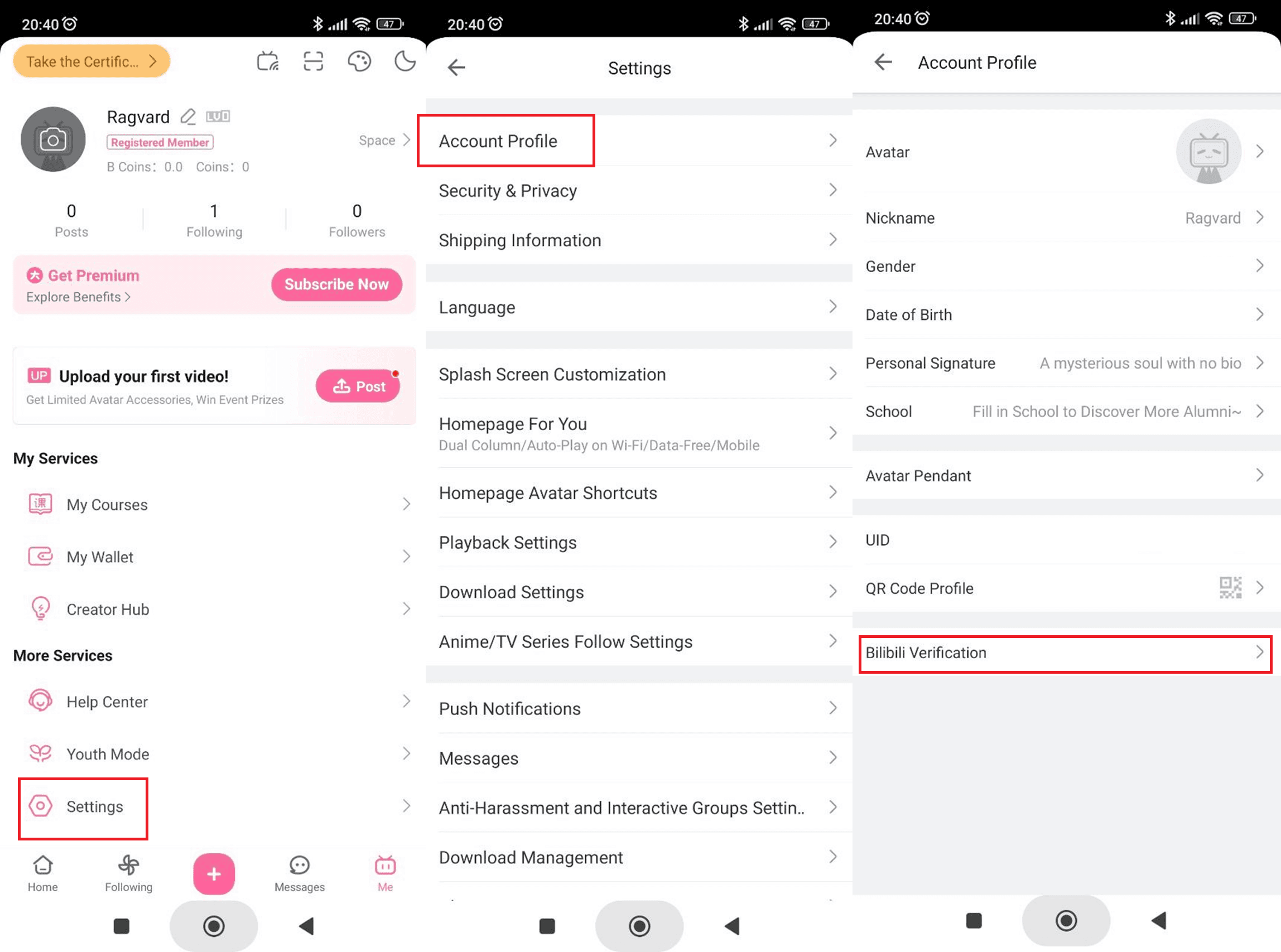 Bilibili user profile page highlighting account UID and regional settings