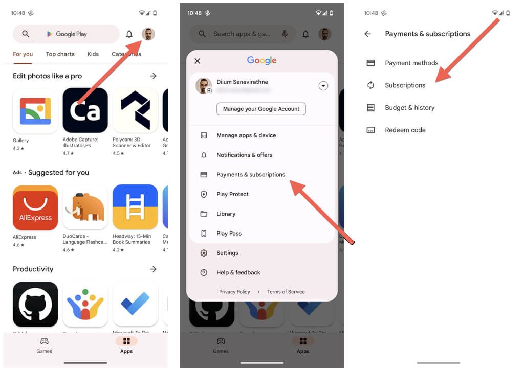 Google Play Store payments and subscriptions screen showing cancel subscription button