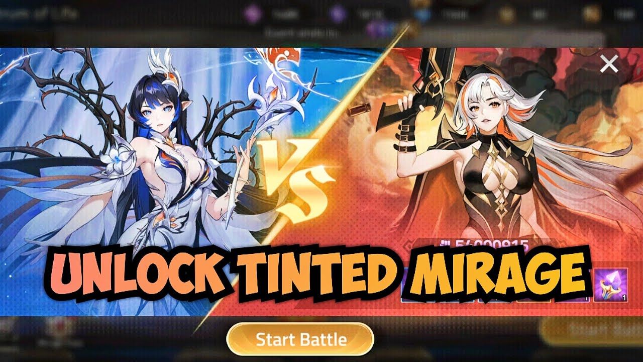 Ecran de luptă Mobile Legends Adventure Tinted Mirage cu etapele evenimentului și eroii promovați
