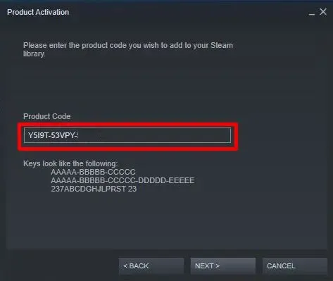 Steam desktop client product activation screen interface