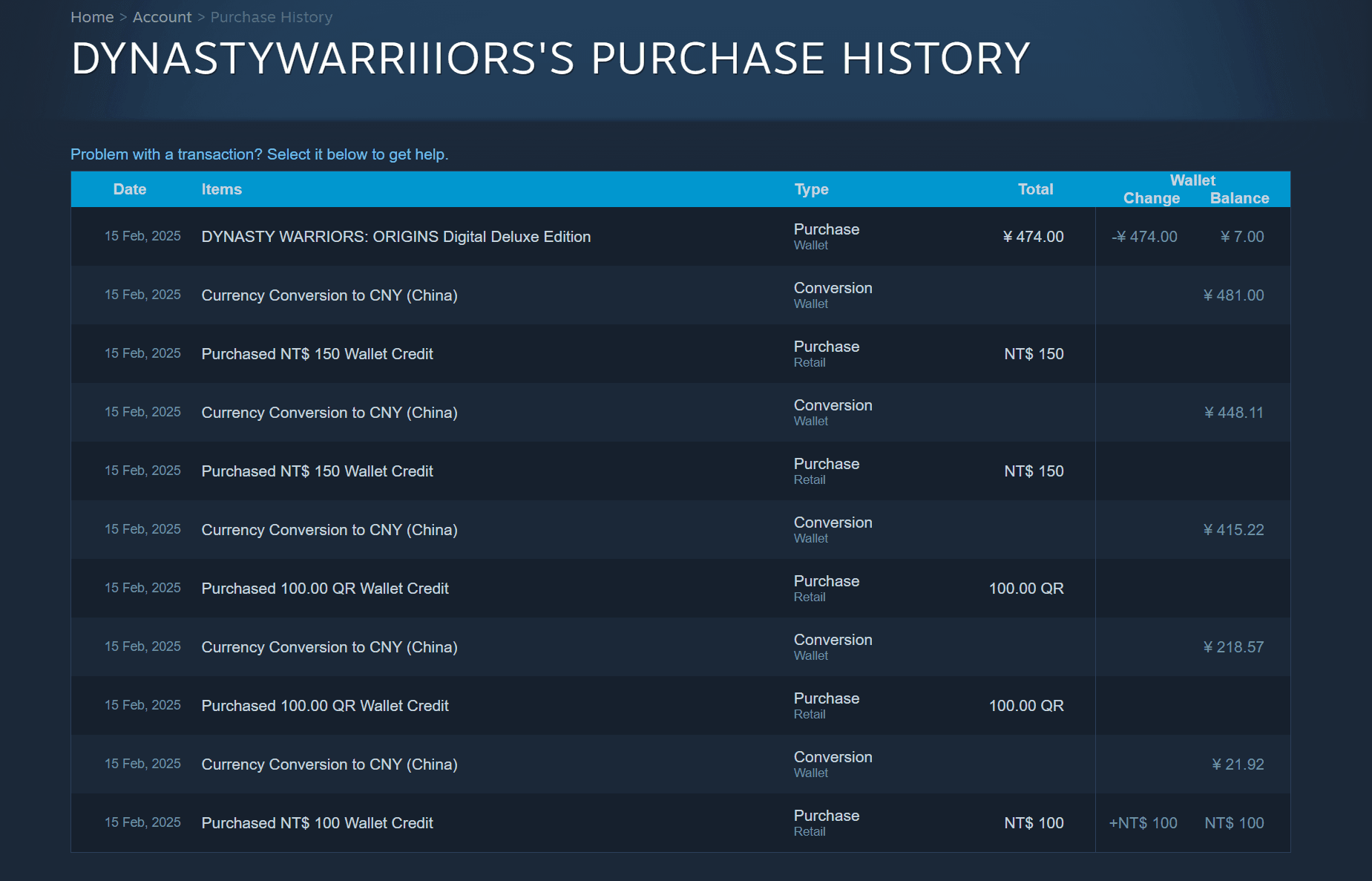 Steam Wallet showing a balance that converts when store country changes