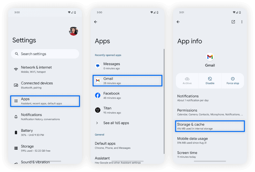 Android system settings application storage screen showing clear cache option