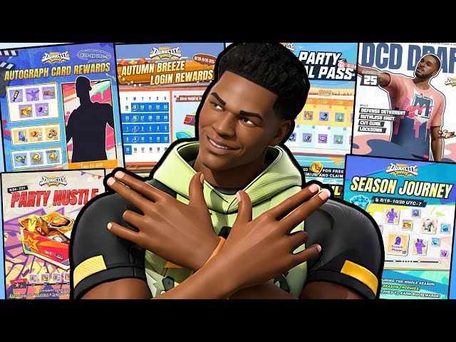 Dunk City Dynasty seasonal battle pass reward track interface displaying card choice packs